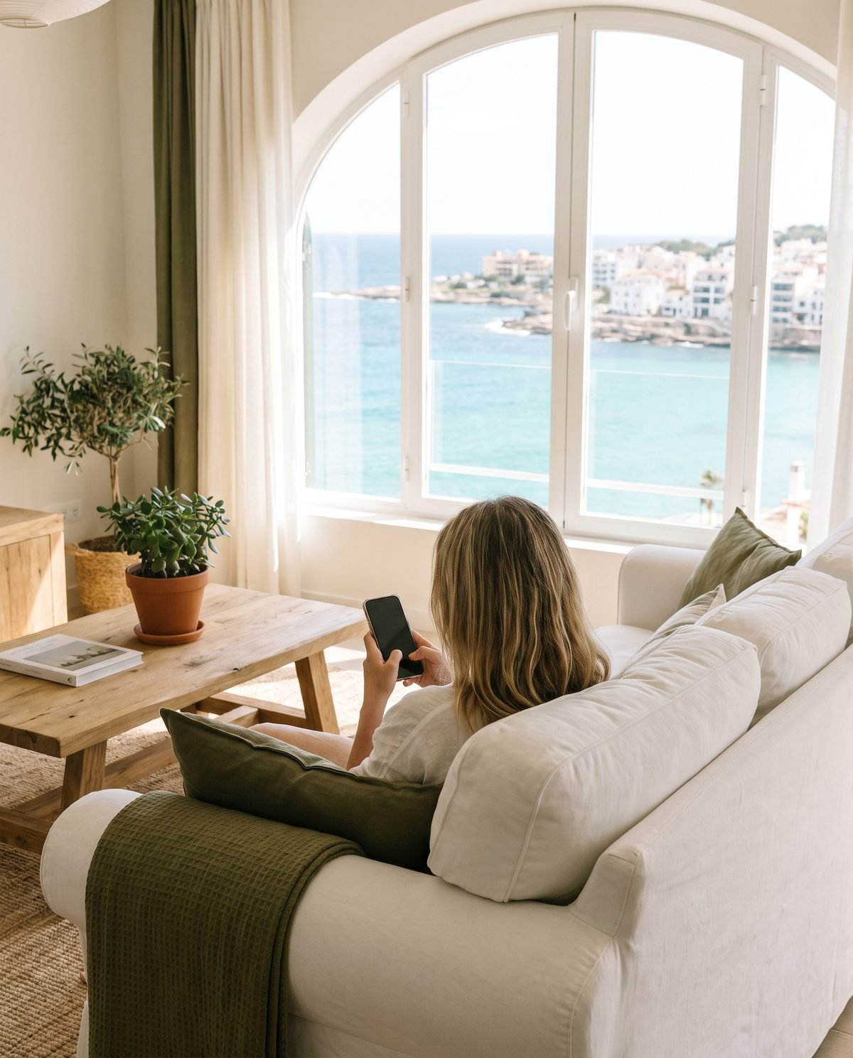 Huésped consultando el móvil en el sofá de un apartamento con vistas al mar