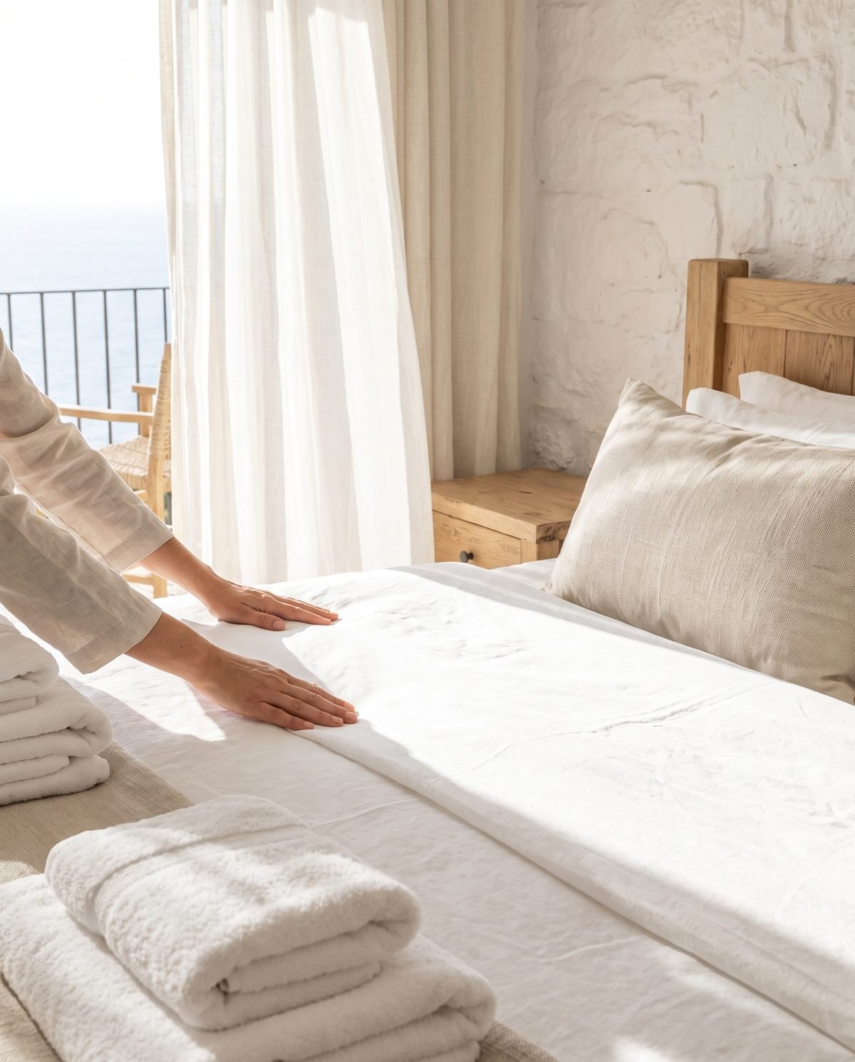 Manos estirando sábanas blancas en una cama recién hecha