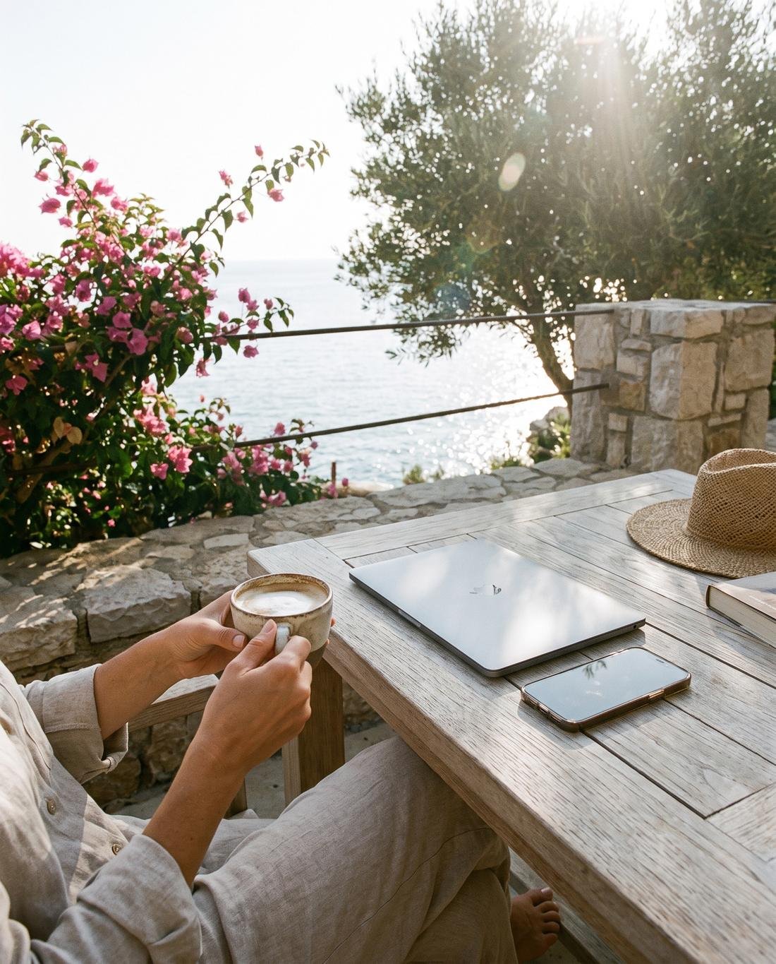 Propietario con un café en una terraza frente al mar
